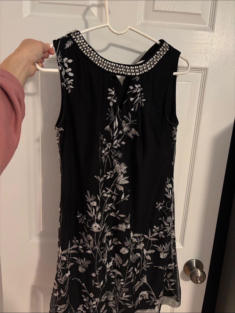 Sleeveless Black Floral Beaded Neck Dress